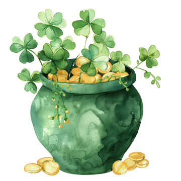Pot of Gold and Clovers Watercolor