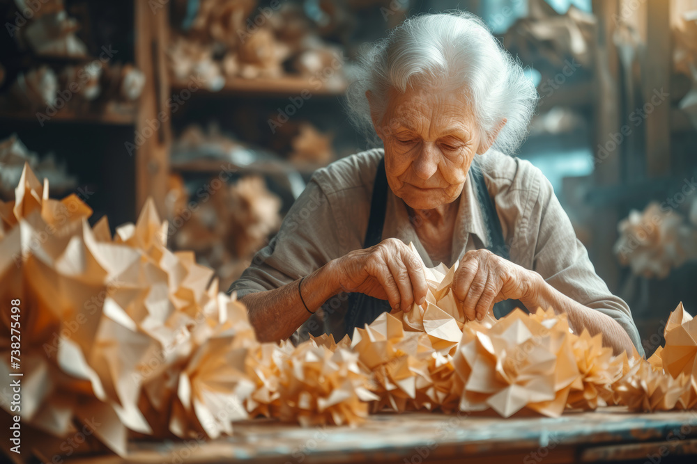 Poster a pair of hands creating intricate origami figures, highlighting the artistry and creativity of pape