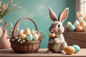Easter rabbit holding busket with spring flowers and easter eggs.