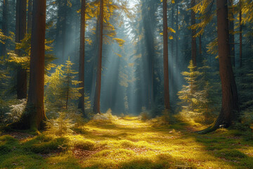 Fototapeta premium A tranquil forest scene with sunlight filtering through the trees, conveying the peace and serenity of nature. Concept of mindfulness and natural beauty. Generative Ai.
