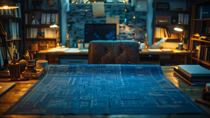 Obraz na płótnie Canvas Blueprint details in sharp focus, deep indigo tone, on a modern architect's desk, exuding a focused and detailed atmosphere with high-definition clarity.generative ai