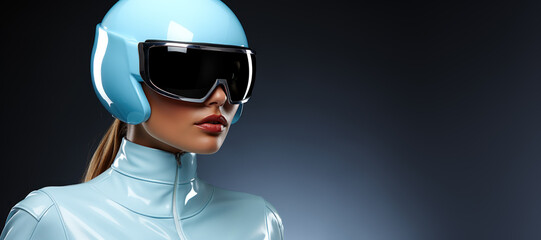 woman in futuristic helmet and goggles, banner with copy space