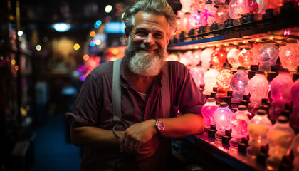 Smiling senior man enjoying Christmas lights indoors generated by AI