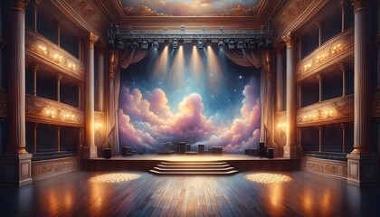 The image features an opulent theater interior with classical architectural details, facing a stage that opens to an ethereal cosmic backdrop, as if the night sky and clouds are part of the performanc