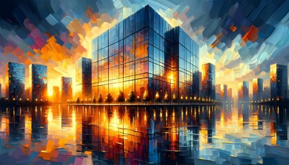The image depicts an impressionistic painting of a modern glass building reflecting the vibrant colors of a sunset, with the cityscape mirrored beautifully on the water's surface.  