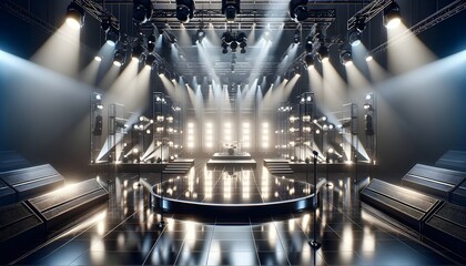 The image shows an empty concert stage bathed in dramatic white spotlighting, with a drum set at the center and multiple levels of stage platforms surrounded by speakers and lighting equipment.

