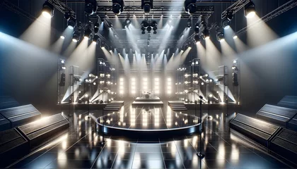 Fotobehang The image shows an empty concert stage bathed in dramatic white spotlighting, with a drum set at the center and multiple levels of stage platforms surrounded by speakers and lighting equipment.   © Mohammed