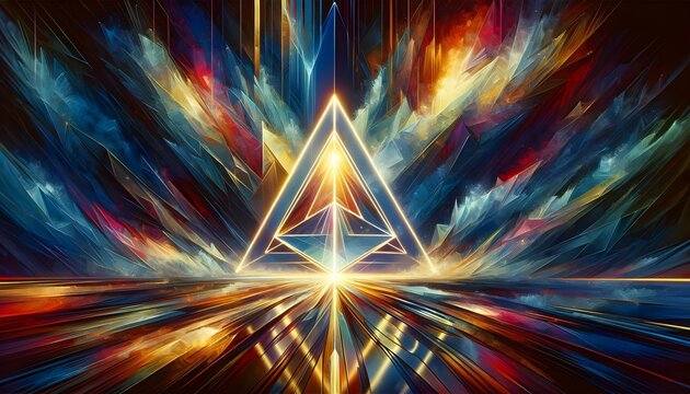 The image is a dynamic and vibrant digital art piece featuring a glowing triangular prism with a luminous core, radiating explosive shards of color in a visually striking abstract composition.

