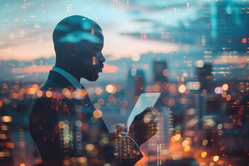 Double exposure of business and a city - African American businessman using a digital tablet superimposed on a city skyline - obrazy, fototapety, plakaty