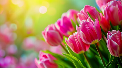 Blurred pink flowers of tulip on background with space for message. Valentine's Day and Mother's Day background. Soft focus.