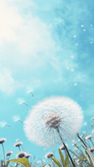 Dandelion flower seeds blown in the blue sky. Wildflower symbolises a spring season.