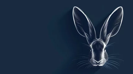 Schilderijen op glas easter greeting card with white rabbit or bunny ear  logo style line art on navy blue card , copy space for text and creativity © Mahnoor