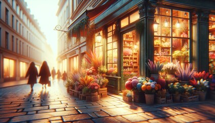 A wide digital illustration of a cozy street