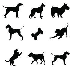 Collection of dog breeds silhouettes Free Vector. silhouettes of a dog, Silhouettes of dog breeds, Collection of dog silhouettes, vector hand drawn animals silhouette set illustration, Vector se