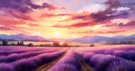 Foto op Canvas A Watercolor Masterpiece of Lavender Fields at Sunset © Lifia