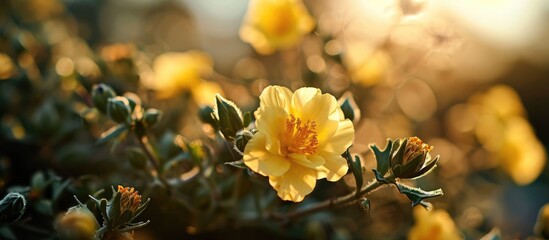 A burst of sunshine illuminates the closeup beauty of a blooming yellowish Portulaca umbraticola...