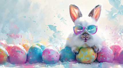 happy easter card, Funny little rabbit wearing glasses among colorful Easter eggs isolated on white...