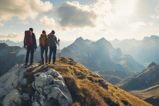 A group of friends on a hiking adventure, panoramic mountain views, capturing the spirit of friendship and exploration. Resplendent.