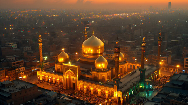 Shiite mosques with golden domes in Karbala, Generative Ai 