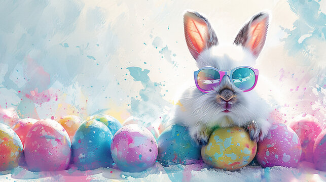 happy easter card, Funny little rabbit wearing glasses among colorful Easter eggs isolated on white background