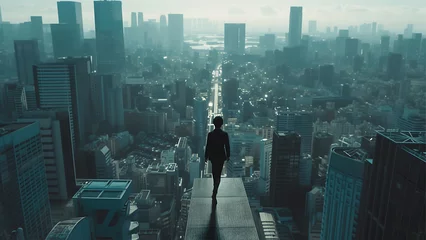 Photo sur Plexiglas Etats Unis Businesswoman walking up to the top of a skyscraper. Mixed media