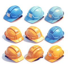 Fototapeta premium Several work helmets in multiple colors, drawn in a cartoon style