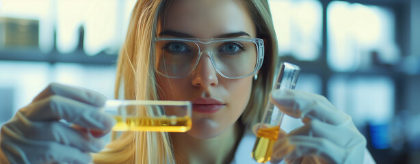 female scientist doing chemical experiments.scientist holding a test tube with a solution in gloves in a research lab - obrazy, fototapety, plakaty