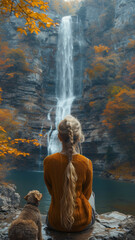 Fototapeta na wymiar girl is sitting on the edge of a cliff watching a huge waterfall with her dog,generative ai