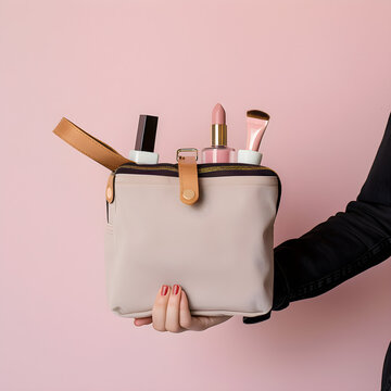 hand holding toiletry bag with makeup and brushes