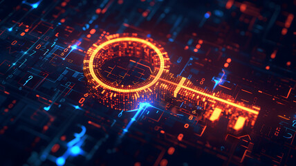 orange holographic key icon on flat glowing futuristic circuit board background