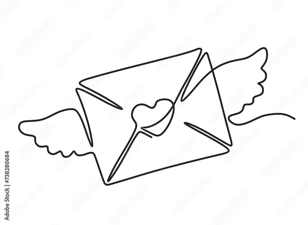 Poster flying envelope with a heart one line drawing.continuous line drawing of paper envelope with wings a