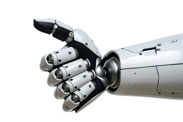 Robot hand with thumb up gesture closeup on white background