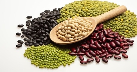 Obraz premium An Artistic Display of Soybeans, Red, Green, and Black Beans with Millet Against a White Canvas