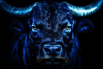 Taurus zodiac sign illuminated in blue on black background, horoscope symbol of taurus constellation