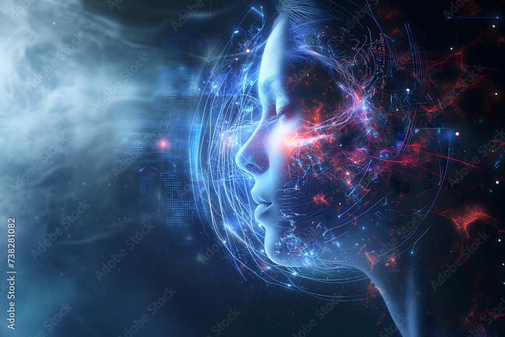 Wall mural android head on abstract cybernetic data background