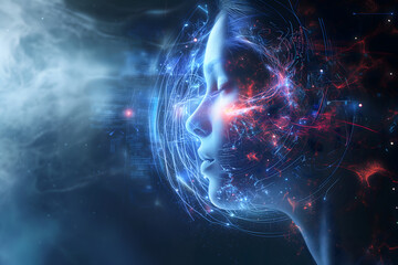 Android head on abstract cybernetic data background
