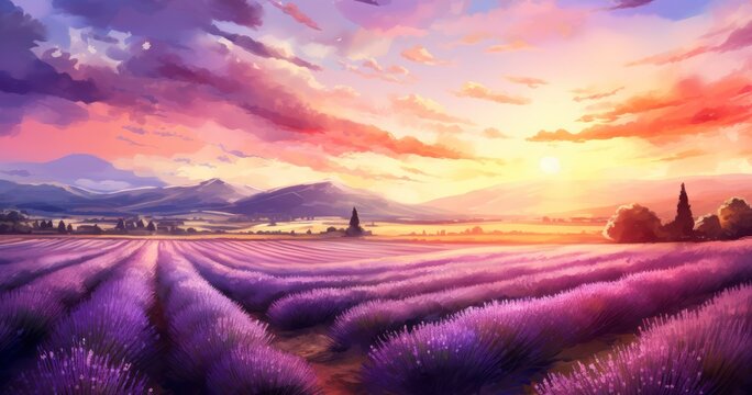 The Enchanting Fusion of Lavender Fields and Sunset in Watercolor