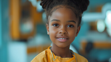 Beautiful smiling small black girl is at dentist for dentist examination. Tooth care concept. Selective focus. Copy space. Dentist surgery background.