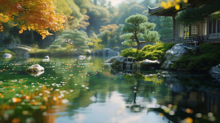 Peaceful reflection pond in a tranquil Japanese garden