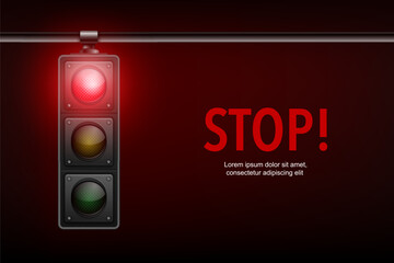 Vector Realistic Banner with Hanging Traffic Light with Glowing Red Prohibiting Signal Isolated on Black Background