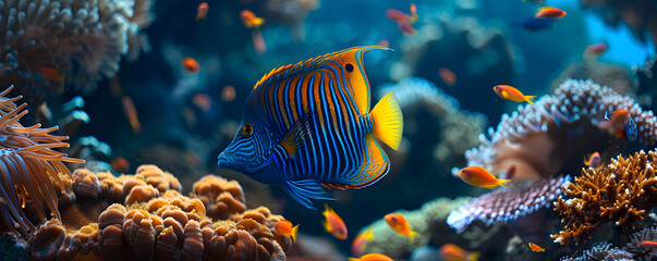 An underwater close-up of a colorful Emperor Angelfish swims ocean - obrazy, fototapety, plakaty