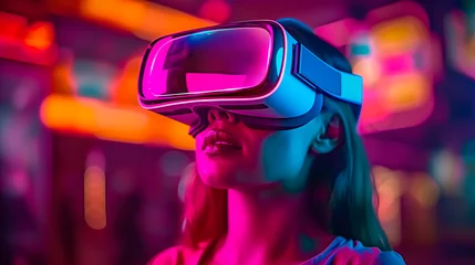 Foto op Plexiglas Virtual reality 3d augmented experience exited digital generate person wear vr glasses goggle headset hand gesture touch 3d object in virtual world fun cheerful and remarkable © mariodelavega