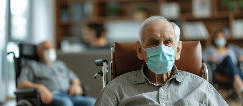 Elderly individual with disabilities participating in group therapy, wearing a mask. Man in a wheelchair at a counseling session to address alcohol addiction.