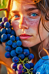 Close-up of portrait of woman farmer in vineyard holding bunch of ripe grapes.