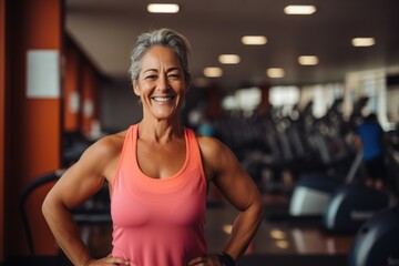 Smiling portrait of a middle aged woman in the gym - obrazy, fototapety, plakaty