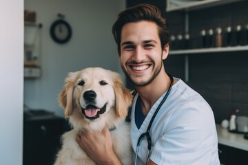 Smiling portrait of a young male veterinarian holding dog at clinic