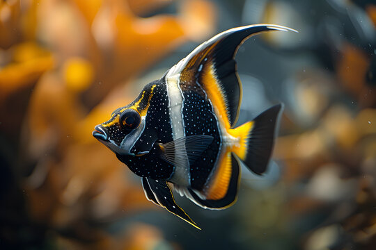 An underwater close-up of a colorful Moorish Idol fish swims ocean