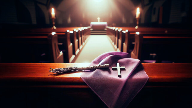 Estola sacerdotal roxa, estendida sobre apoio de do banco da igreja, luz dramatica, tendencia religiosa, pascoa. templo, f&eacute;