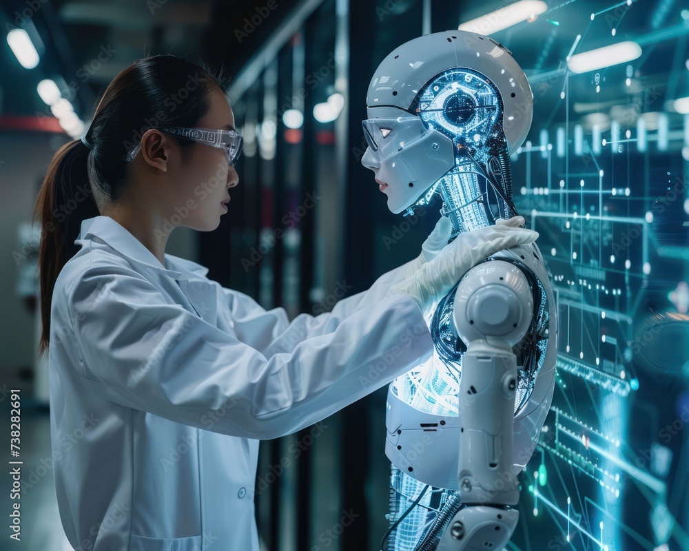 Poster ai research and development, scientists with ai models - innovation in lab