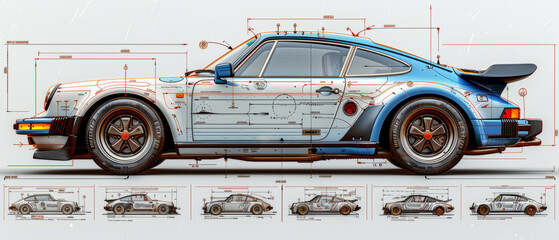 2D technical schematic of a car, blue and white,generative ai